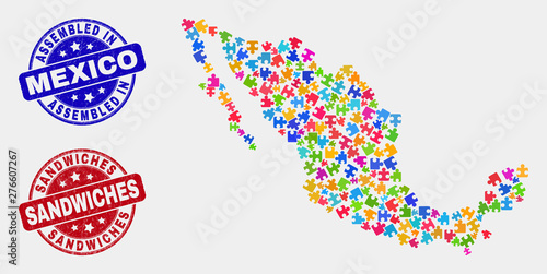 Puzzle Mexico map and blue Assembled seal stamp, and Sandwiches distress seal stamp. Bright vector Mexico map mosaic of bundle. Red round Sandwiches stamp.