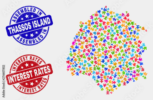 Bundle Thassos Island map and blue Assembled stamp, and Interest Rates textured seal stamp. Colored vector Thassos Island map mosaic of plugin units. Red round Interest Rates stamp.
