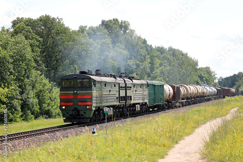 diesel locomotive with freight train