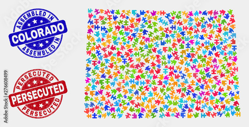 Bundle Colorado State map and blue Assembled stamp, and Persecuted scratched stamp. Bright vector Colorado State map mosaic of bundle connectors. Red rounded Persecuted stamp.