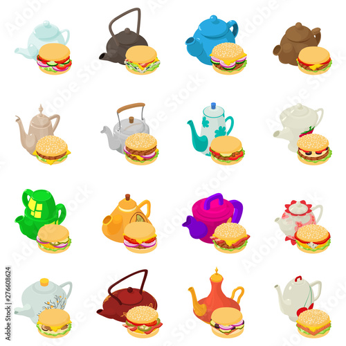 Tea cutlet icons set. Isometric set of 16 tea cutlet vector icons for web isolated on white background