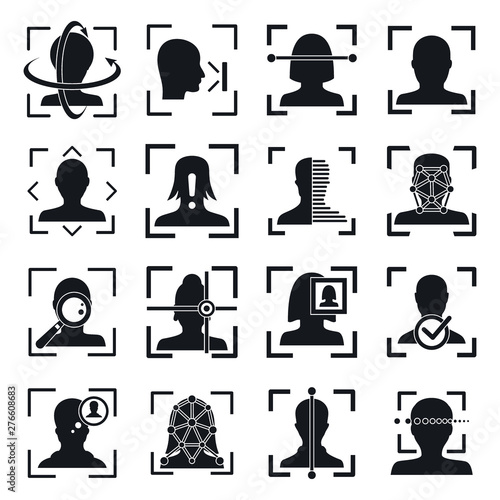 Face recognition system id icons set. Simple set of face recognition system id vector icons for web design on white background