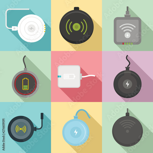 Wireless charger icons set. Flat set of wireless charger vector icons for web design