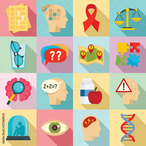 Alzheimers disease icons set. Flat set of alzheimers disease vector icons for web design