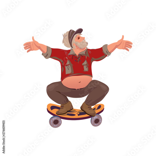 Cute senior man with grey beard riding on skateboard