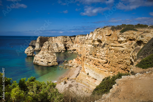 Top view on cliffs around Marinha beach in Albufeira, Portugal