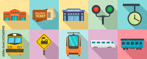 Railway station icons set. Flat set of railway station vector icons for web design