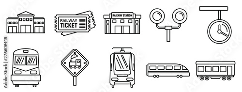 Railway train station icons set. Outline set of railway train station vector icons for web design isolated on white background