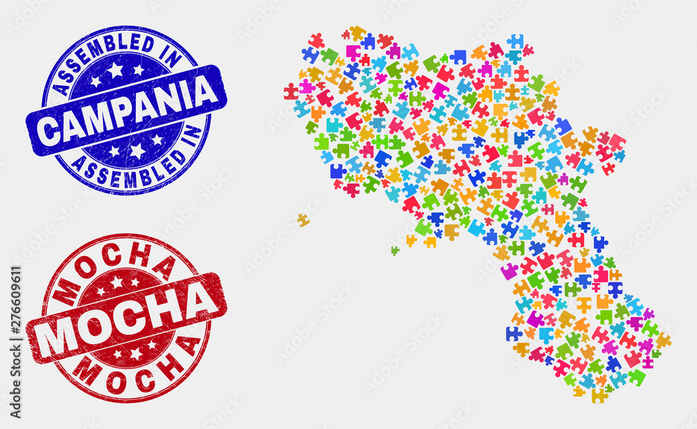 Assemble Campania region map and blue Assembled seal stamp, and Mocha scratched seal stamp. Colored vector Campania region map mosaic of plug-in elements. Red rounded Mocha seal. Assemble Campania region map and blue Assembled seal stamp, and Mocha scratched seal stamp. Colored vector Campania region map mosaic of plug-in elements. Red rounded Mocha seal.