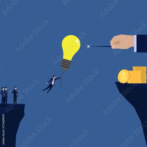 Businessman fly with balloon idea to needle metaphor of greedy bankruptcy.