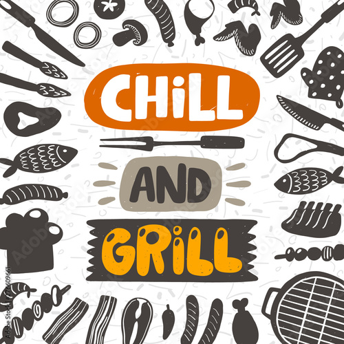 Chill and crill card. Hand drawn lettering. Quote sketch typography. Vector inscription slogan. Poster, t shirt design, print, placard, menu, restaurant, bar, cafe, food court, emblem.