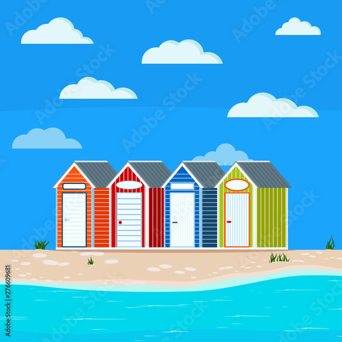 Summer sea side landscape with grass, huts, sand, stones, clouds, Cute blue, green, orange, red striped house with nameplaten on the beach for rent sport equipment, Flat cartoon vector illustration.