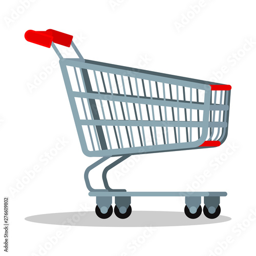 Empty supermarket chrome metal trolley cart with wheels for goods isolated on white background, Vector cartoon flat style illustration of shopping basket icon, element of graghic and web design.