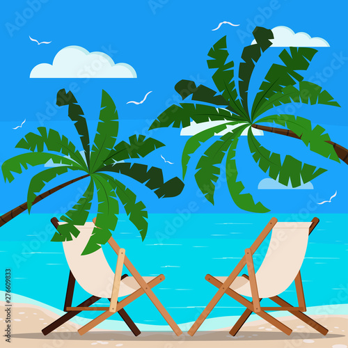Two chaise lounges on beautiful seascape: palm trees, calm ocean, sand coastline, seagulls, clouds.