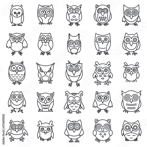 Wild owl icons set. Outline set of wild owl vector icons for web design isolated on white background