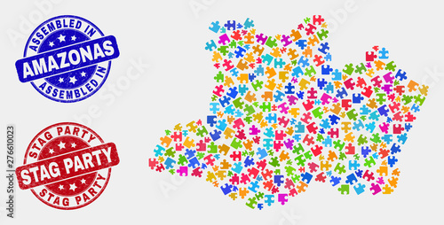 Bundle Amazonas State map and blue Assembled seal stamp, and Stag Party grunge seal stamp. Colored vector Amazonas State map mosaic of bundle. Red round Stag Party seal.