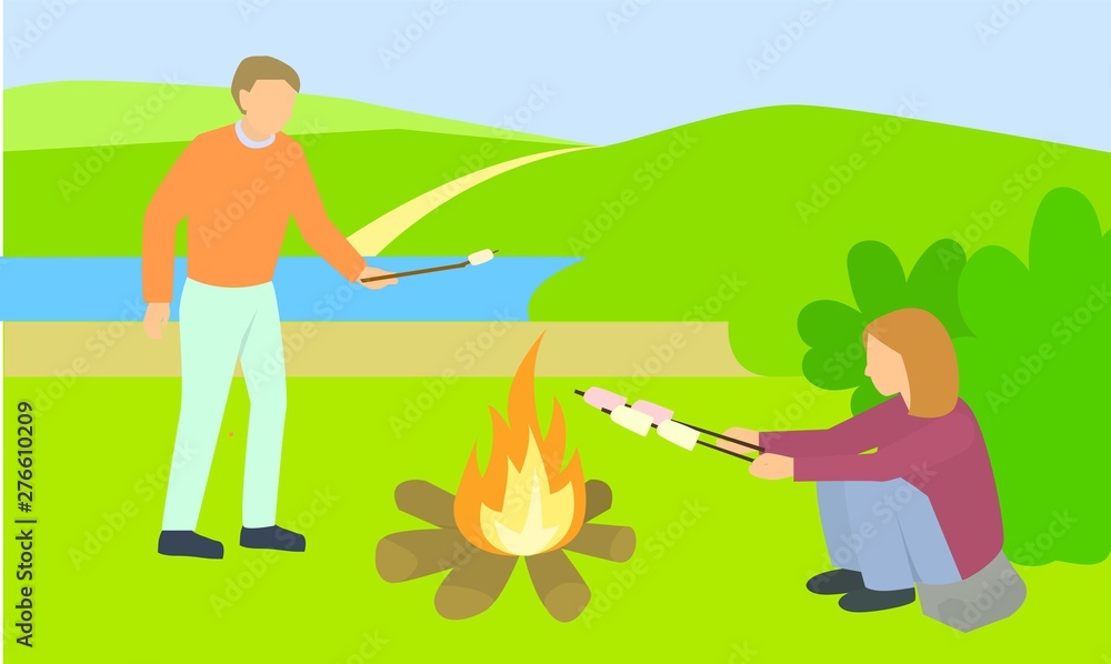 Couple cooking marshmallow concept banner. Flat illustration of couple cooking marshmallow vector concept banner for web design