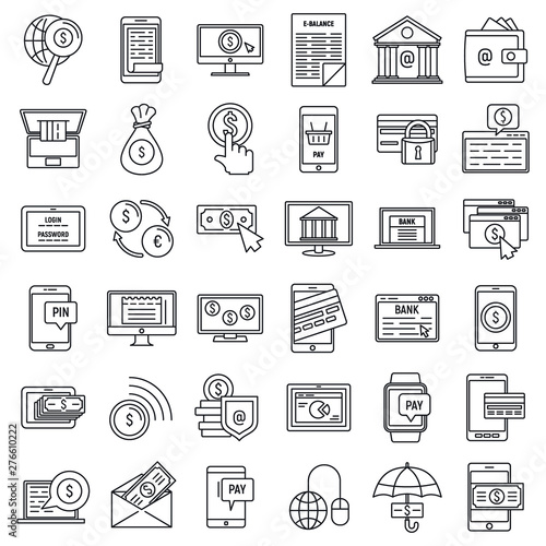 Mobile internet banking icons set. Outline set of mobile internet banking vector icons for web design isolated on white background