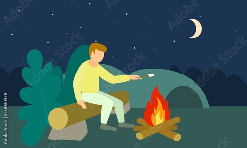 Boy at night cook marshmallow concept banner. Flat illustration of boy at night cook marshmallow vector concept banner for web design