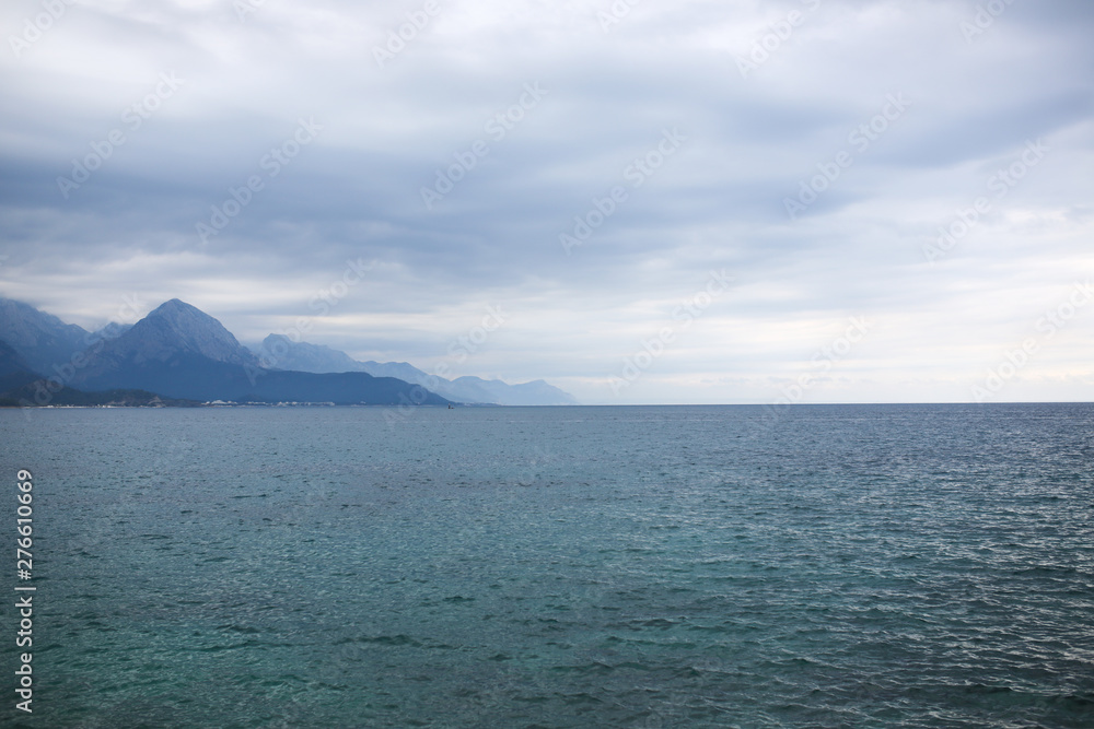 Sea and mountains in Turkey in cloudy weather Sea and mountains in Turkey in cloudy weather