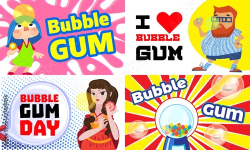 Gum chewing banner set. Cartoon illustration of gum chewing vector banner set for web design