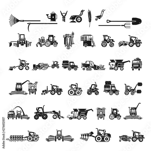Farming equipment icons set. Simple set of farming equipment vector icons for web design on white background