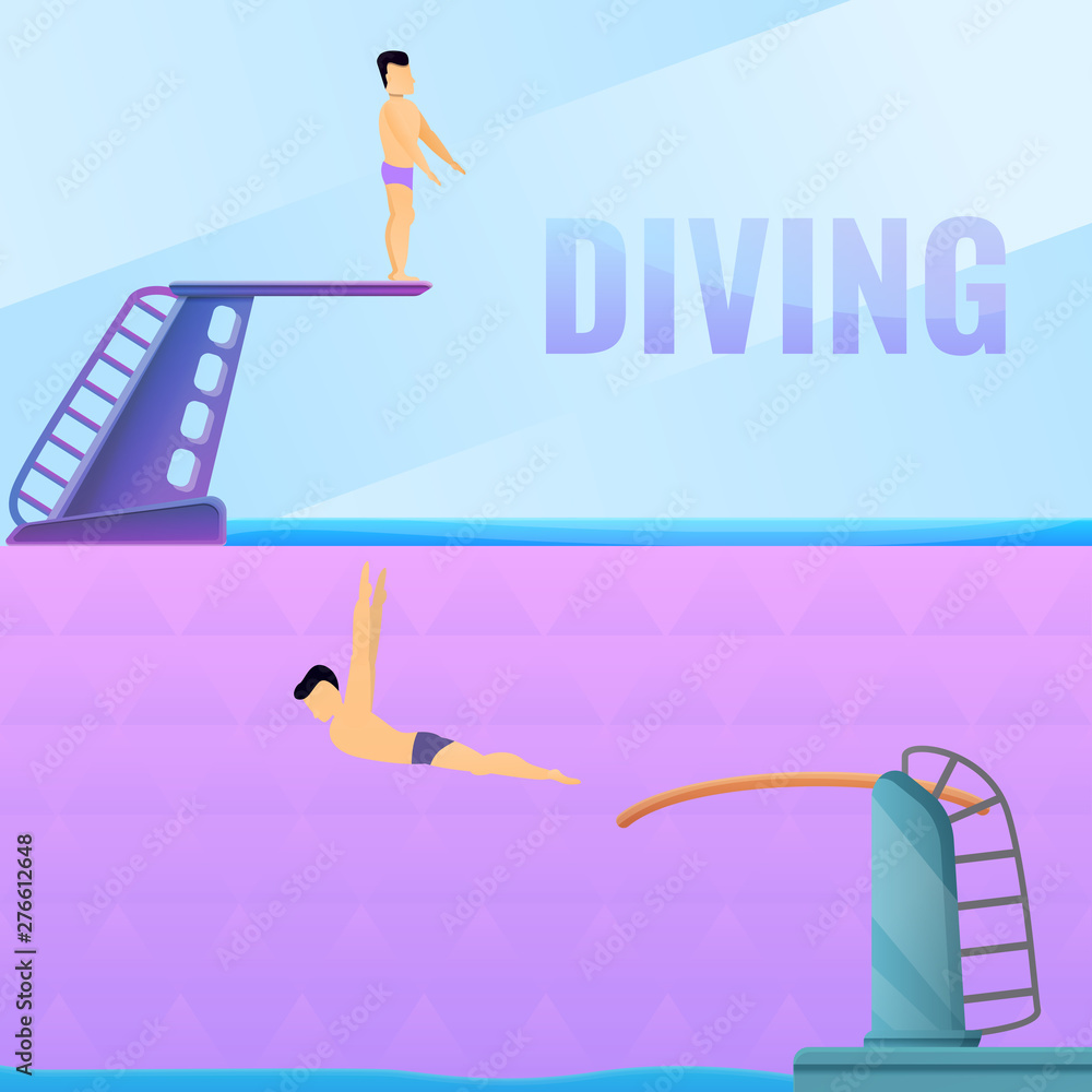 Diving board banner set. Cartoon illustration of diving board vector banner set for web design