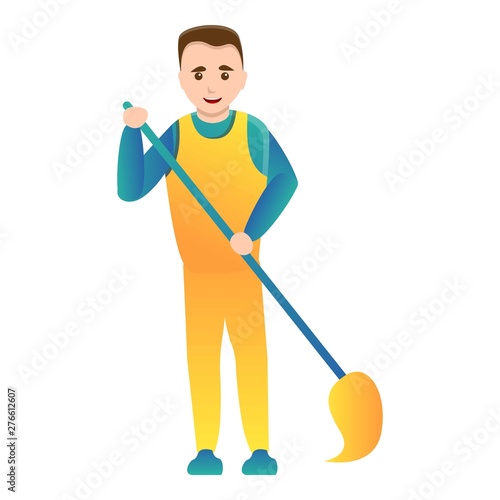 Man cleaning home with broom icon. Cartoon of man cleaning home with broom vector icon for web design isolated on white background