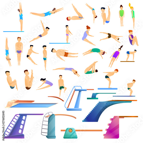 Diving board icons set. Cartoon set of diving board vector icons for web design
