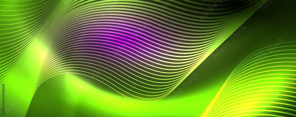 Fototapeta premium Shiny neon lights, dark abstract background with blurred magic neon light curved lines