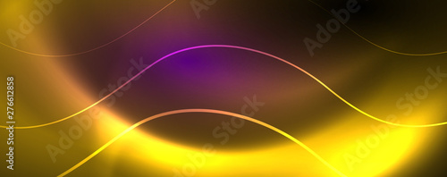 Shiny neon lights, dark abstract background with blurred magic neon light curved lines