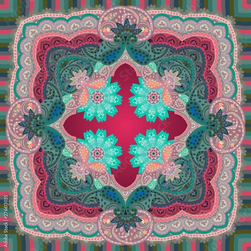 Shawl with ornate paisley ornament and mandala flower in dark crimson and green tones. Arabian, indian, persian motifs. Etnic style.