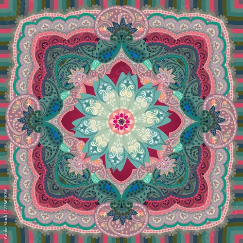 Carpet or shawl with beautiful paisley ornament and mandala flower in dark crimson and green tones. Arabian, indian, persian motifs. Etnic style.