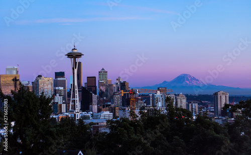 City skyline at sunset