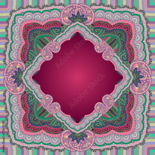 Tablecloth or shawl with beautiful paisley ornament in dark crimson and green tones. Arabian, indian, persian motifs. Etnic style.