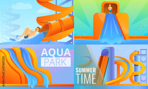 Aquapark banner set. Cartoon illustration of aquapark vector banner set for web design