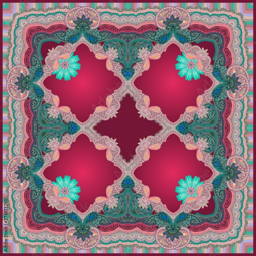 Beautiful shawl in ethnic style with mandalas flowers and paisley ornament. Luxury oriental pattern.