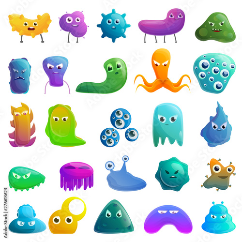 Bacteria icons set. Cartoon set of bacteria vector icons for web design
