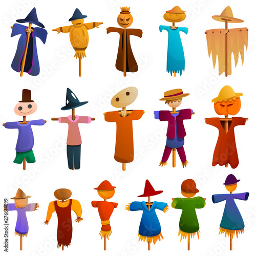 Scarecrow icons set. Cartoon set of scarecrow vector icons for web design