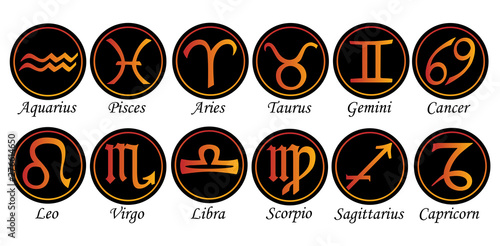 Set of twelve signs of the zodiac on the background of gold circles. Prediction of the future. Vector illustration. Isolated on white background
