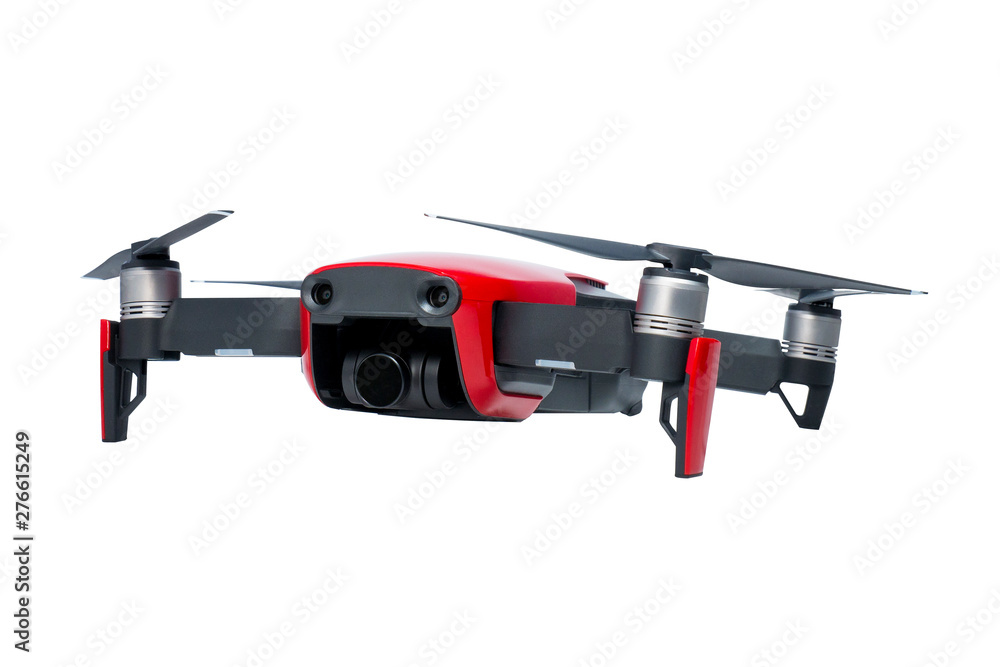 Red quadcopter on white background
