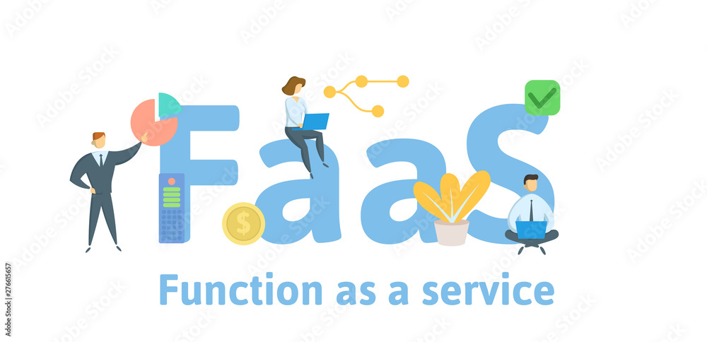 Fototapeta premium FaaS, Function as a Service. Concept with people, keywords and icons. Colored flat vector illustration. Isolated on white background.