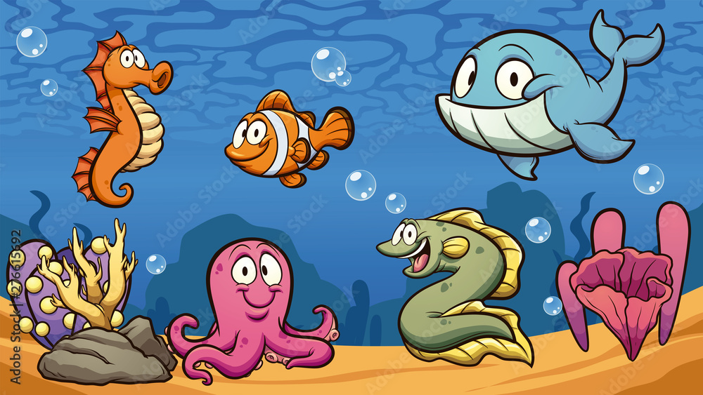 Cartoon sea creatures clip art. Vector illustration with simple gradients.  Some elements on separate layers. Stock Vector | Adobe Stock