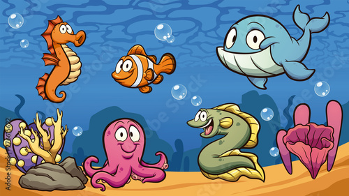 Cartoon sea creatures clip art. Vector illustration with simple gradients. Some elements on separate layers. 