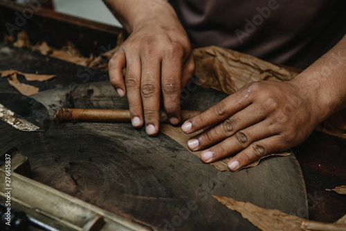 Closeup of hands making cigar from tobacco leaves. Traditional manufacture of cigars. Dominican Republic © alekosa