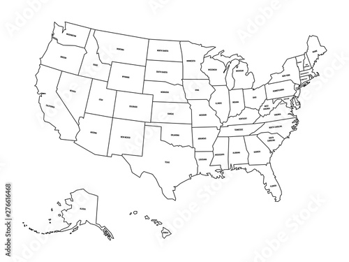 Political map of United States od America, USA. Simple flat black outline vector map with black state name labels on white background