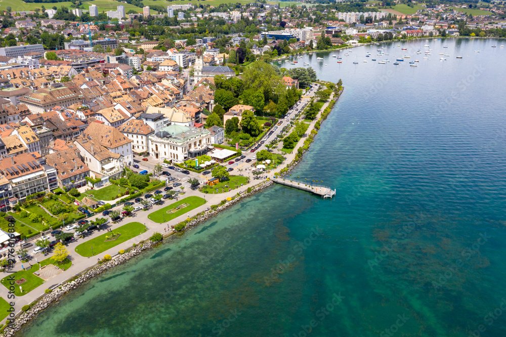 Aerial view of Morges city waterfront in the border of the Leman Lake in  Switzerland