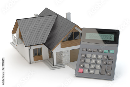 House model and calculator - home financial concept, 3d illustration