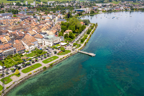 Aerial view of Morges city waterfront in the border of the Leman Lake in  Switzerland