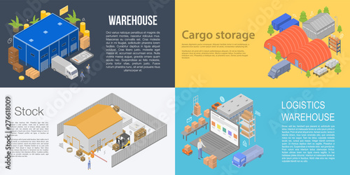 Warehouse building banner set. Isometric set of warehouse building vector banner for web design